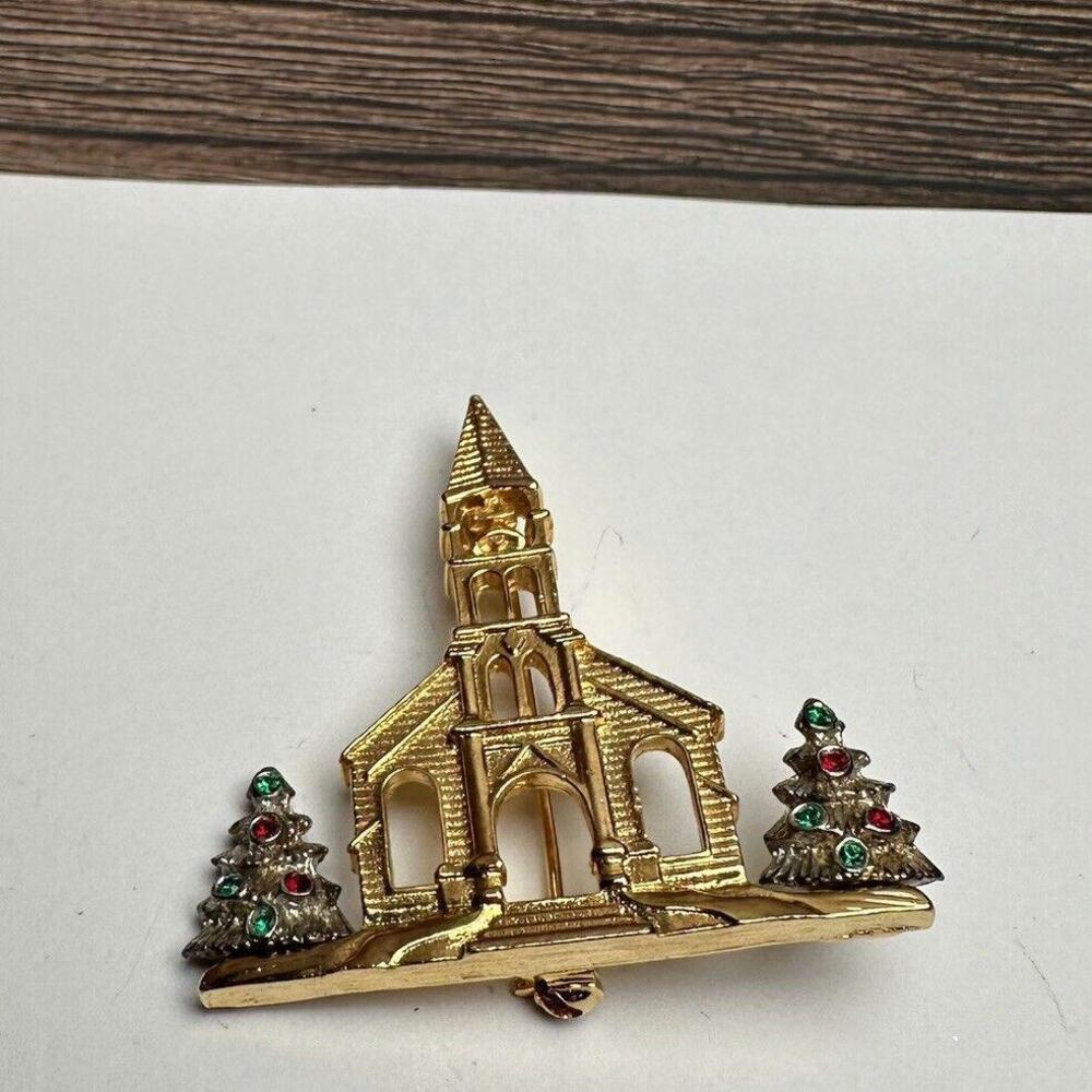 Darlene Church With Rhinestone Christmas Trees Brooch Pin Two Tone